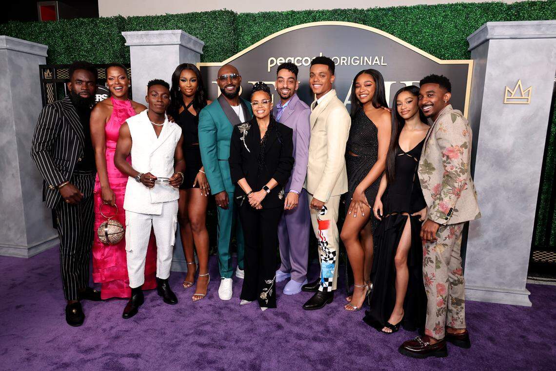 Jimmy Akingbola, Cassandra Freeman, Olly Sholotan, Coco Jones, Adrian Holmes, Carla Banks-Waddles, Morgan Stevenson Cooper, Jabari Banks, Simone Joy Jones, Akira Akbar, and Jordan L. Jones attend the premiere of Peacock's "Bel-Air" Season 2 at NeueHouse Hollywood.