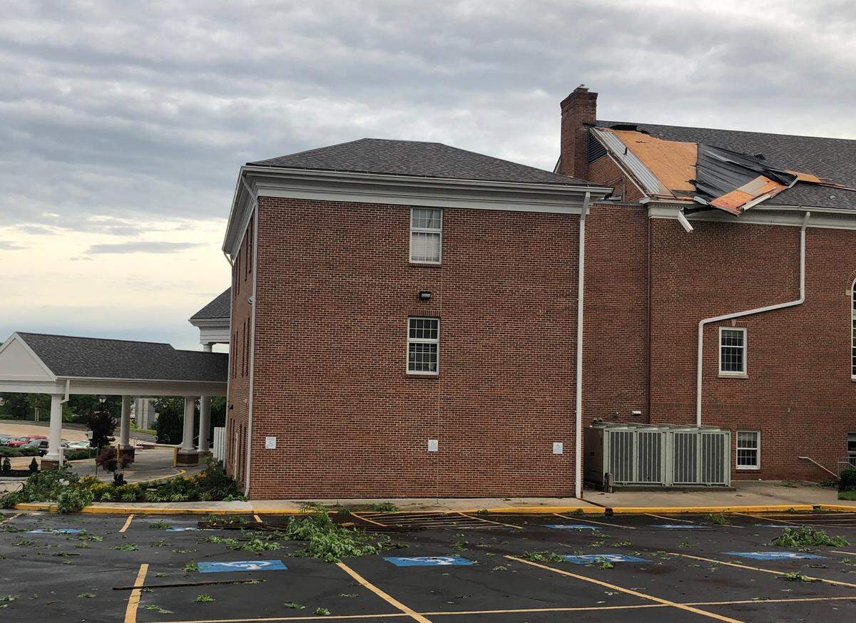 The roof of Colonial Presbyterian Church off Bannister and Wornall suffered damage after a line of storms moving through the Kansas City metro produced several small tornadoes.