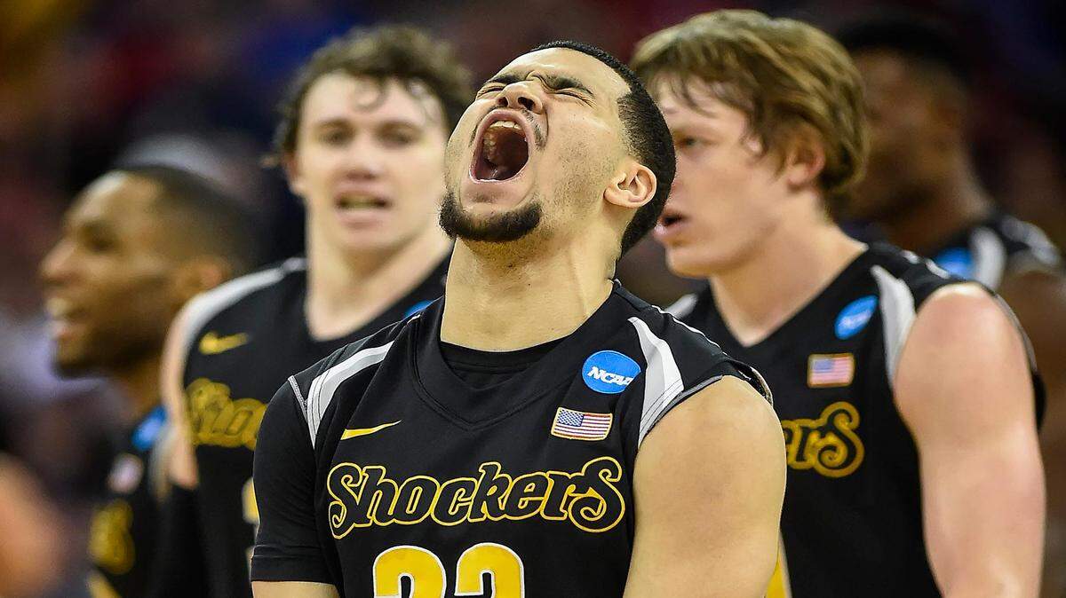 Wichita State Shockers guard Fred VanVleet (23) reacted after hitting a 3-point basket to take the lead into halftime against the Kansas Jayhawks during the third round of the NCAA men's basketball tournament on March 22, 2015, at CenturyLink Center in Omaha, Neb.