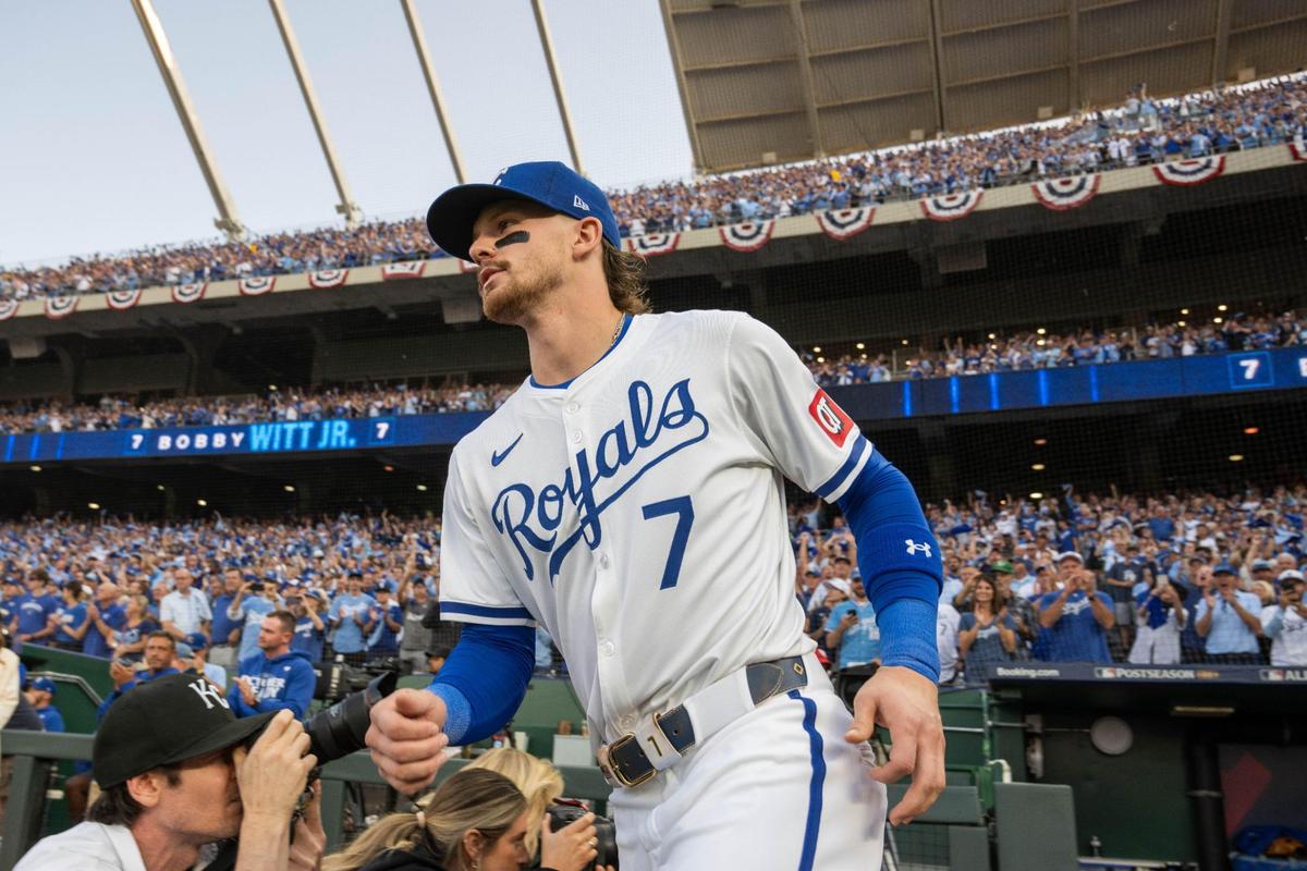 Kansas City Royals shortstop Bobby Witt Jr. runs out of the dugout before the Royals home playoff game vs. the New York Yankees on Wednesday, Oct. 9, 2024.