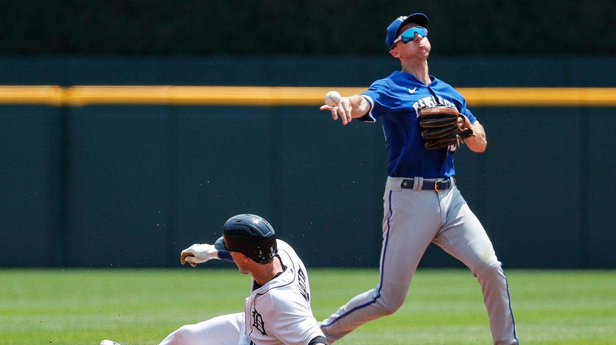 Tigers third baseman Nick Maton slides into second base against Royals second baseman Matt Duffy during the second inning at Comerica Park on Wednesday, June 21, 2023.
