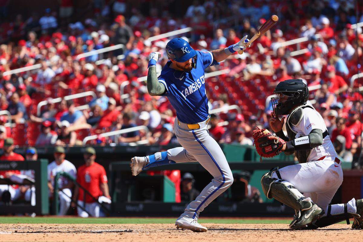 Kansas City Royals pinch-hitter/second baseman Nick Loftin is hit in the hand by a pitch during the ninth inning of KC’s 2-0 win over the Cardinals in an I-70 Series finale at Busch Stadium in St. Louis on Sunday, May 17, 2026.