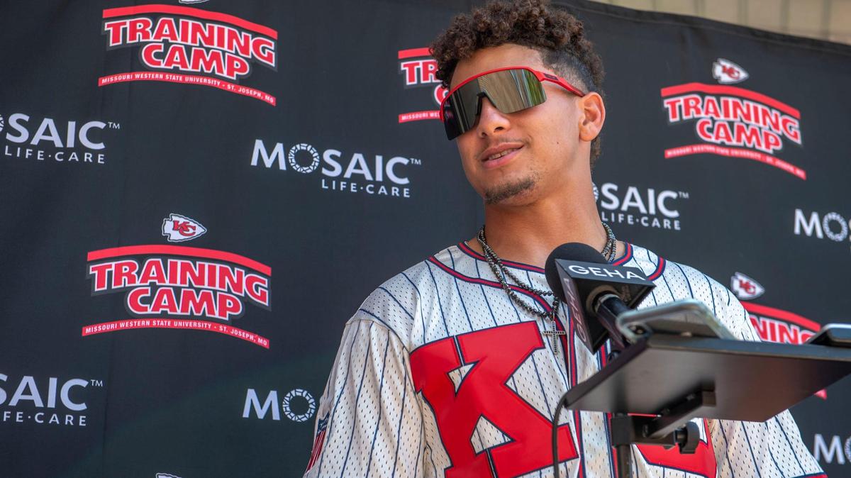 Kansas City Chiefs quarterback Patrick Mahomes speaks to the media after arriving at Chiefs Training Camp at WMSU in St. Joseph on Friday, July 22, 2022.