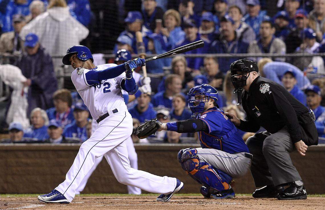 Kansas City Royals shortstop Alcides Escobar hits what would become an inside the park home run in the first inning during Game 1 of the World Series on Tuesday, October 27, 2015 at Kauffman Stadium in Kansas City, Mo.