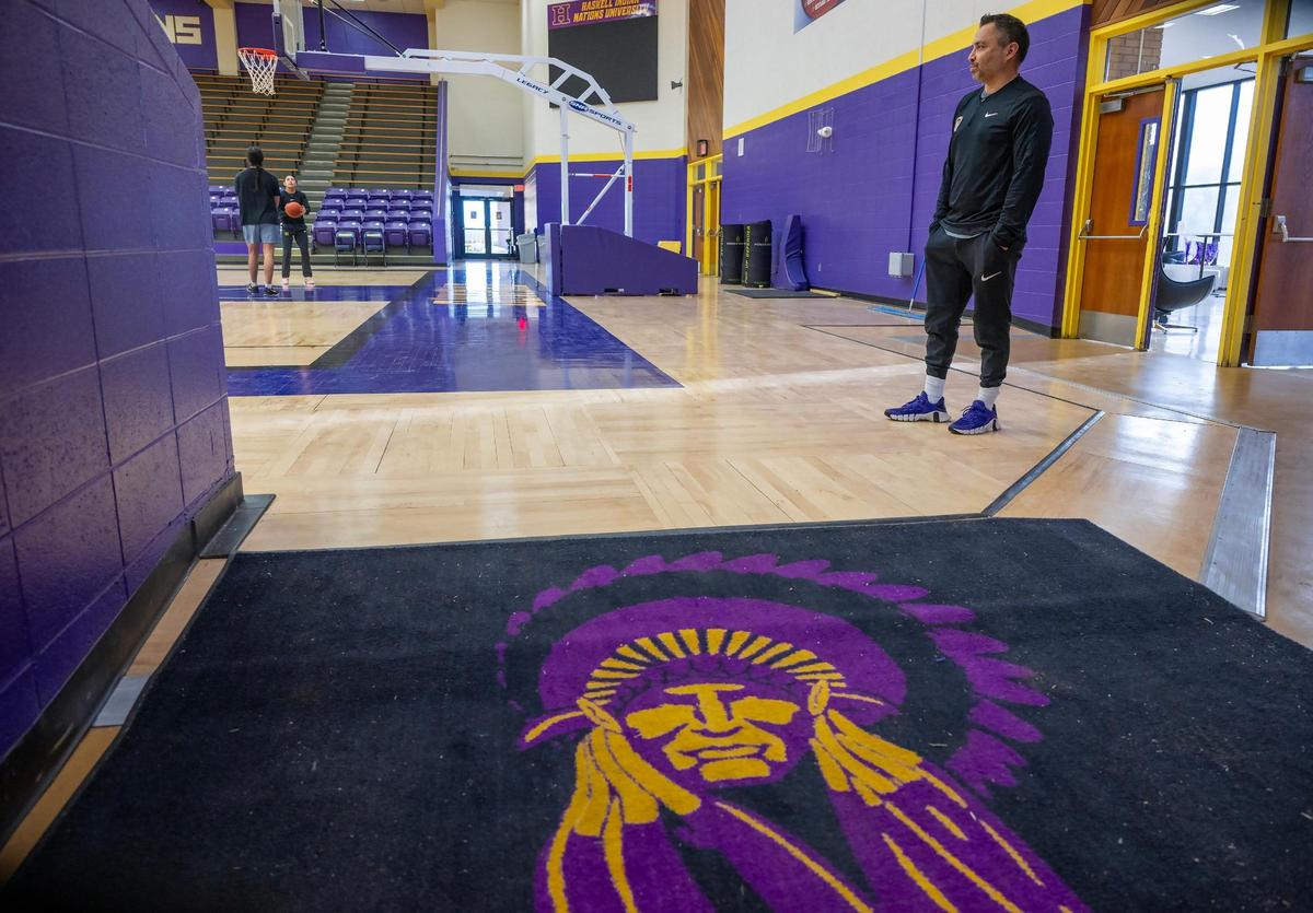 Adam Strom arrives early for practice Monday at Haskell Indian Nations University. His father coached basketball for 30 years, Strom said, and coaching is all he ever wanted to do.