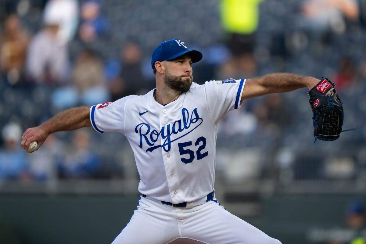 Kansas City Royals pitcher Michael Wacha throws a pitch during a game against the Boston Red Sox on Wednesday, May 20, 2026, at Kauffman Stadium.