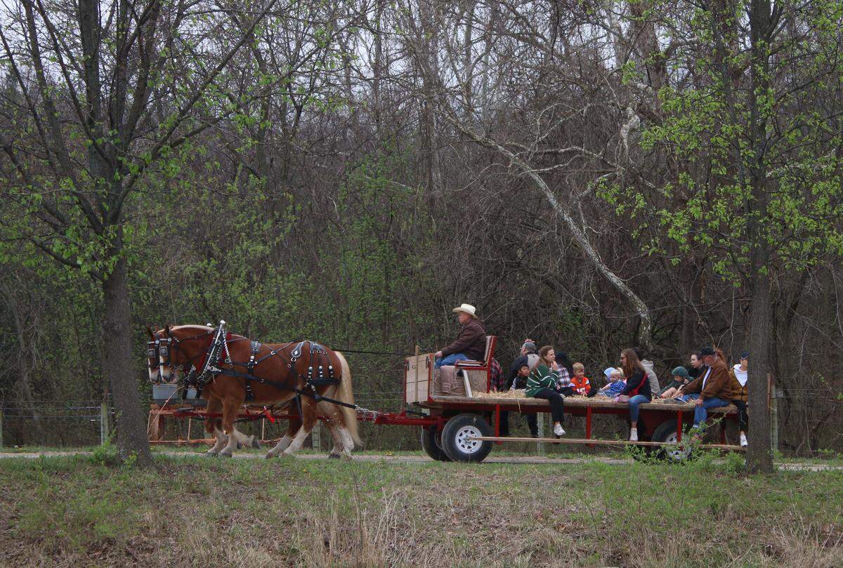 A group of people enjoy a hayride at the Deanna Rose Children’s Farmstead on its 2026 opening day.