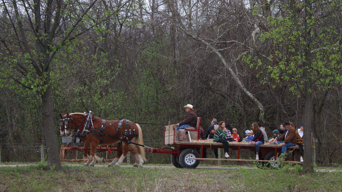 A group of people enjoy a hayride at the Deanna Rose Children’s Farmstead on its 2026 opening day.