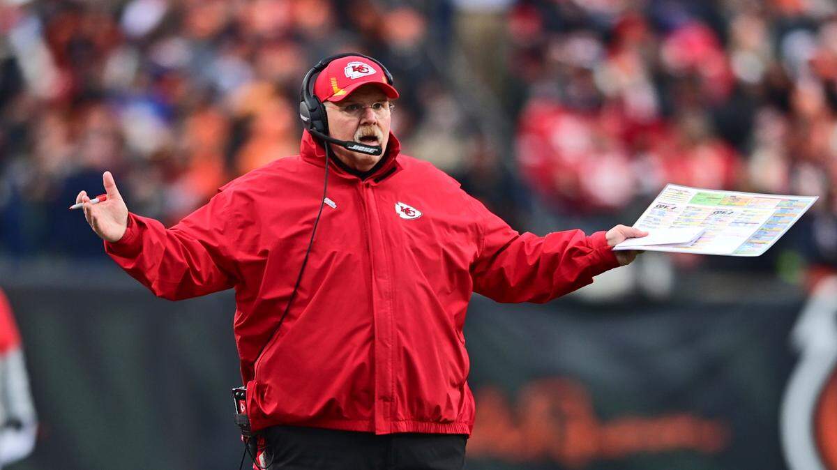 Kansas City Chiefs head coach Andy Reid reacts during the second half of an NFL football game against the Cincinnati Bengals, Sunday, Jan. 2, 2022, in Cincinnati. (AP Photo/David Dermer)