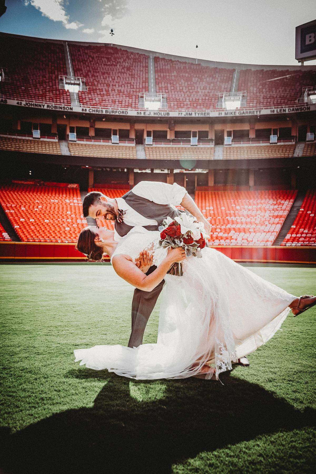 Strike a pose! Kelli and Anthony Gascich got married at Arrowhead Stadium in 2019. They had a baby boy later, during the COVID pandemic, and he’s a Chiefs fan, too.