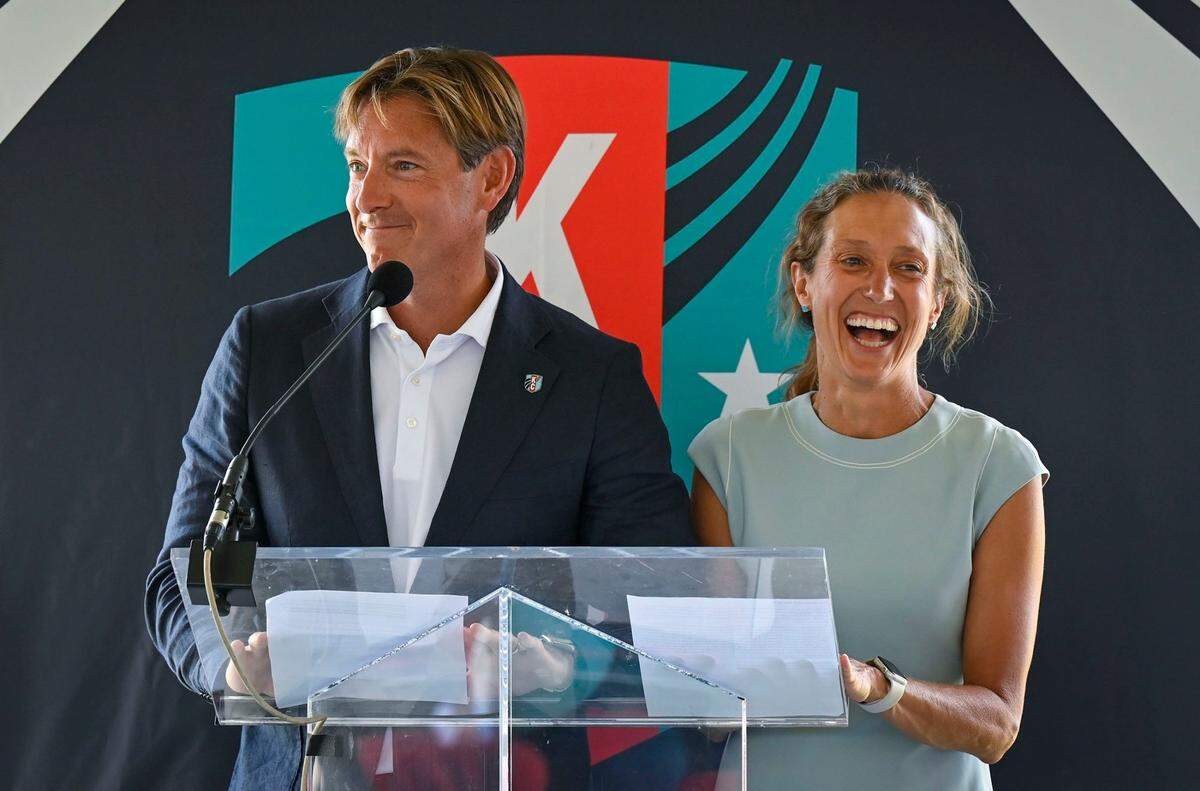 Kansas City Current co-owners Chris and Angie Long were all smiles in June 2023, during a ceremony before the final beam was hoisted into place at CPKC Stadium.