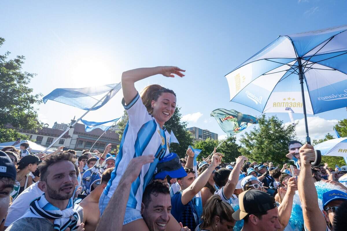 Argentina fans rally at Mill Creek Park on Friday, June 10, 2026. Argentina and superstar Lionel Messi will face Switzerland at Kansas City Stadium on Saturday for a chance to advance to the semifinals of the World Cup.
