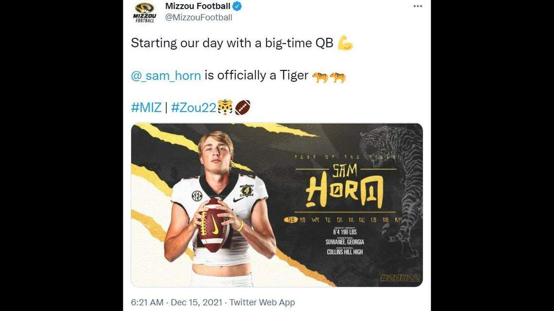 Quarterback Sam Horn was among the 2022 recruits to sign a National Letter of Intent with the Missouri Tigers on Wednesday.