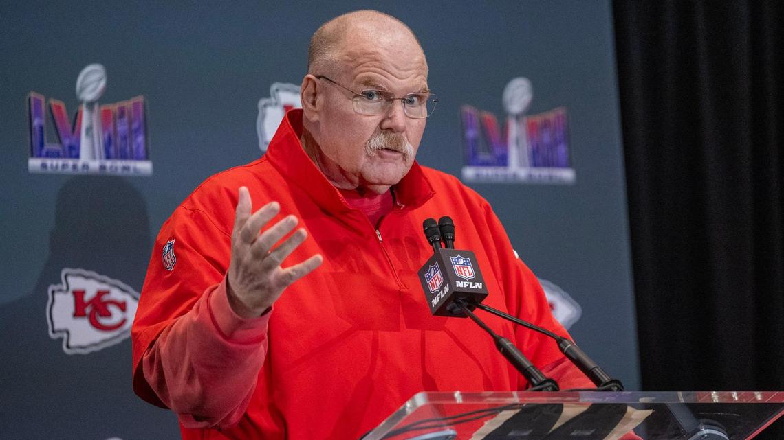 Kansas City Chiefs Head Coach Andy Reid answers questions during the media availability at the team hotel in Henderson, Nev., on Thursday, Feb. 8, 2024.