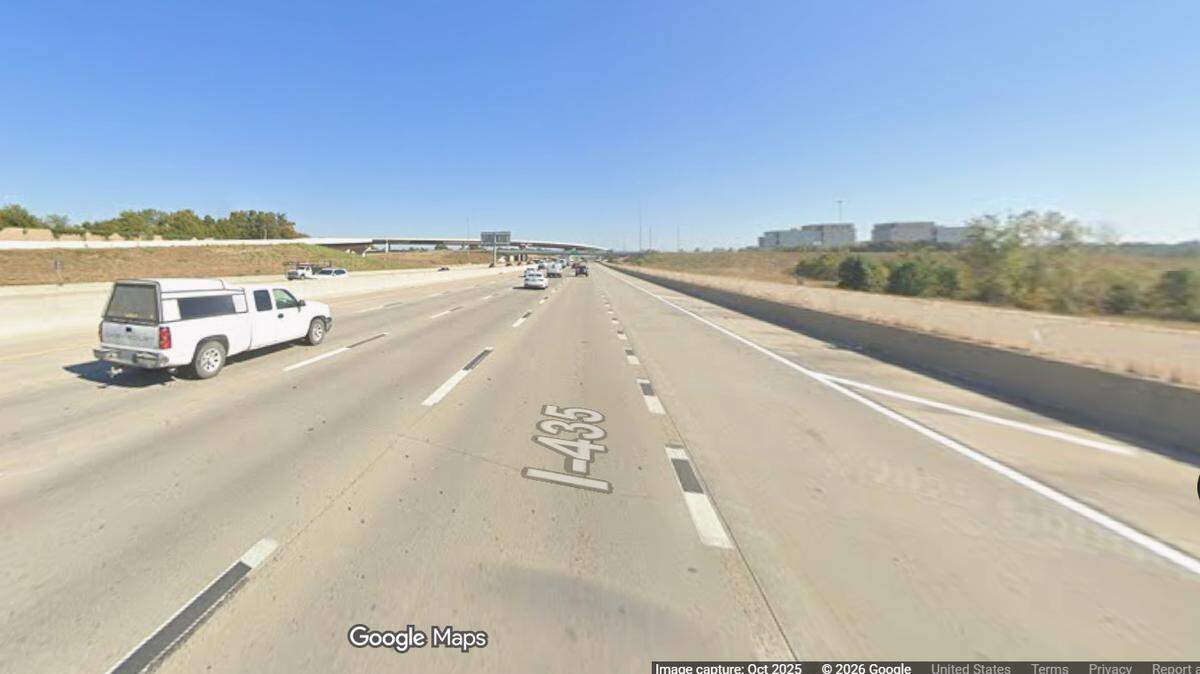 The eastbound lanes of Interstate 435 are seen near Quivira Road in a Google Maps image. A pedestrian died after a crash involving two vehicles near I-435 and Quivira Saturday, police said.