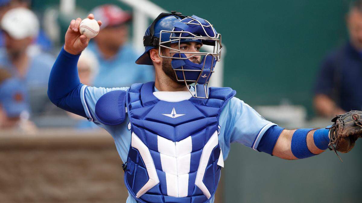 Kansas City Royals catcher Sebastian Rivero during a baseball game in Kansas City, Mo., Sunday, Oct. 3, 2021. (AP Photo/Colin E. Braley)
