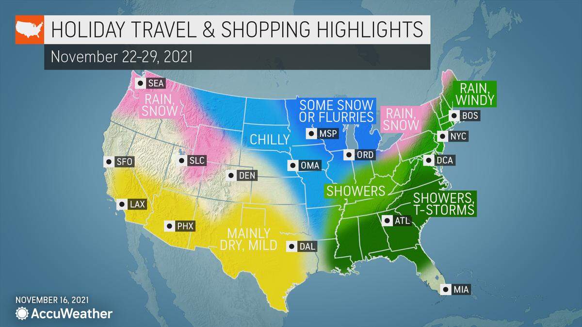 Depending on where you’re headed, storms could disrupt your Thanksgiving travel plans. This AccuWeather forecast gives a glimpse of weather conditions that holiday travelers and shoppers may face next week.