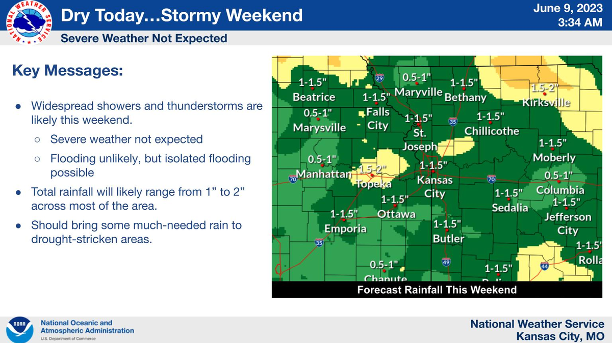 A stormy weekend with widespread showers and thunderstorms is likely in the Kansas City area, a welcomed sight for drought-stricken areas, according to the National Weather Service in Kansas City.