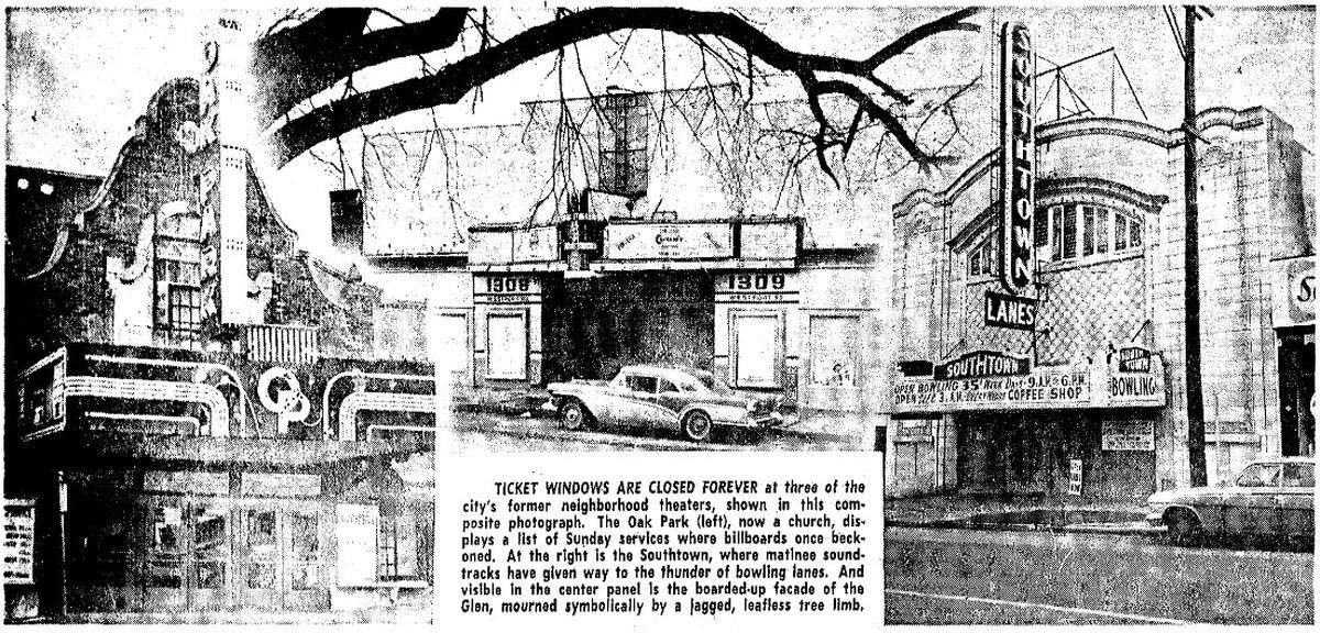 “Ticket windows are closed forever,” left to right, the Oak Park Theater (1925-1959), the Glen Theatre (1925-1984), and the Southtown Theater (1923-1958). 