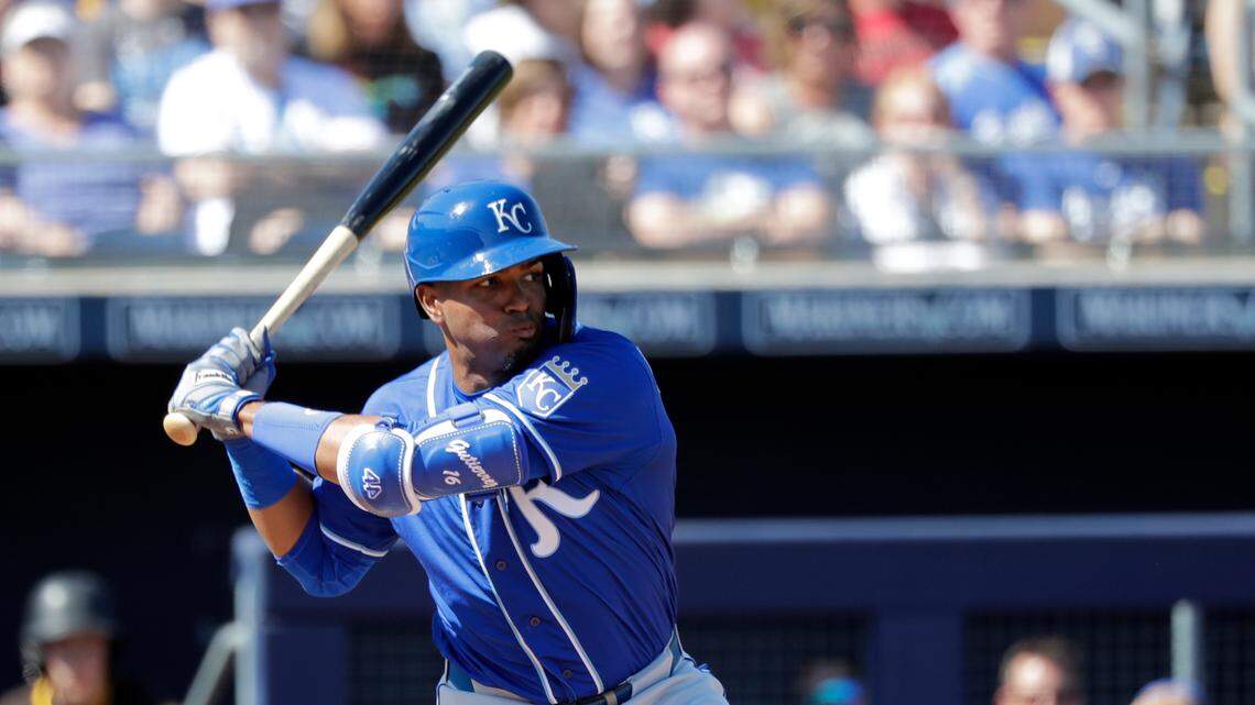 Kansas City Royals’ Kelvin Gutierrez bats during a spring training baseball game Wednesday, March 4, 2020, in Peoria, Ariz. (AP Photo/Elaine Thompson)