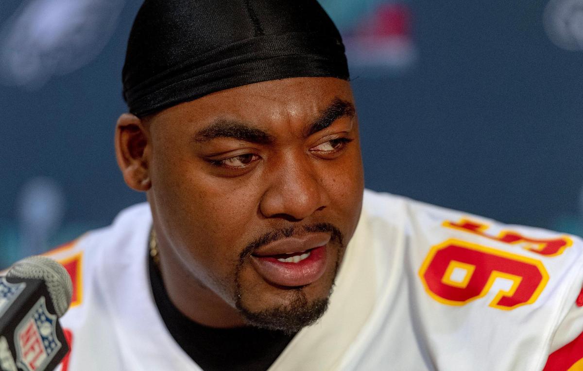 Kansas City Chiefs defensive tackle Chris Jones speaks during the team’s media availability on Thursday, Feb. 9, 2023, in Scottsdale, Ariz.