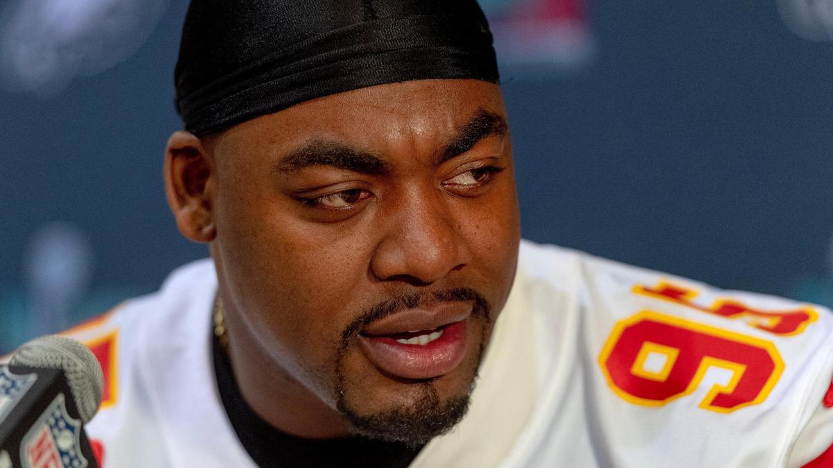 Kansas City Chiefs defensive tackle Chris Jones speaks during the team’s media availability on Thursday, Feb. 9, 2023, in Scottsdale, Ariz.