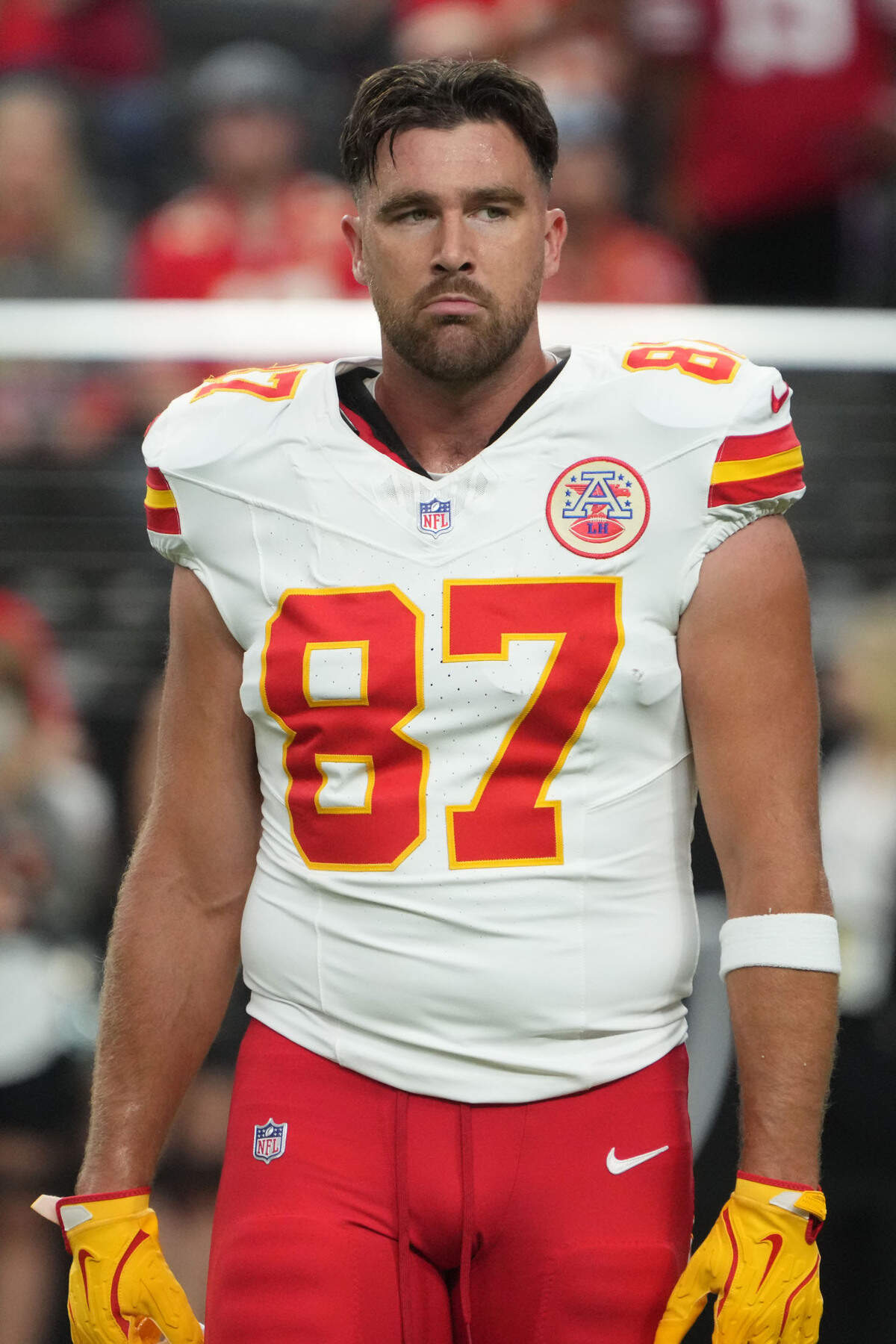 Kansas City Chiefs tight end Travis Kelce (87) reacts against the Las Vegas Raiders in the first half at Allegiant Stadium.