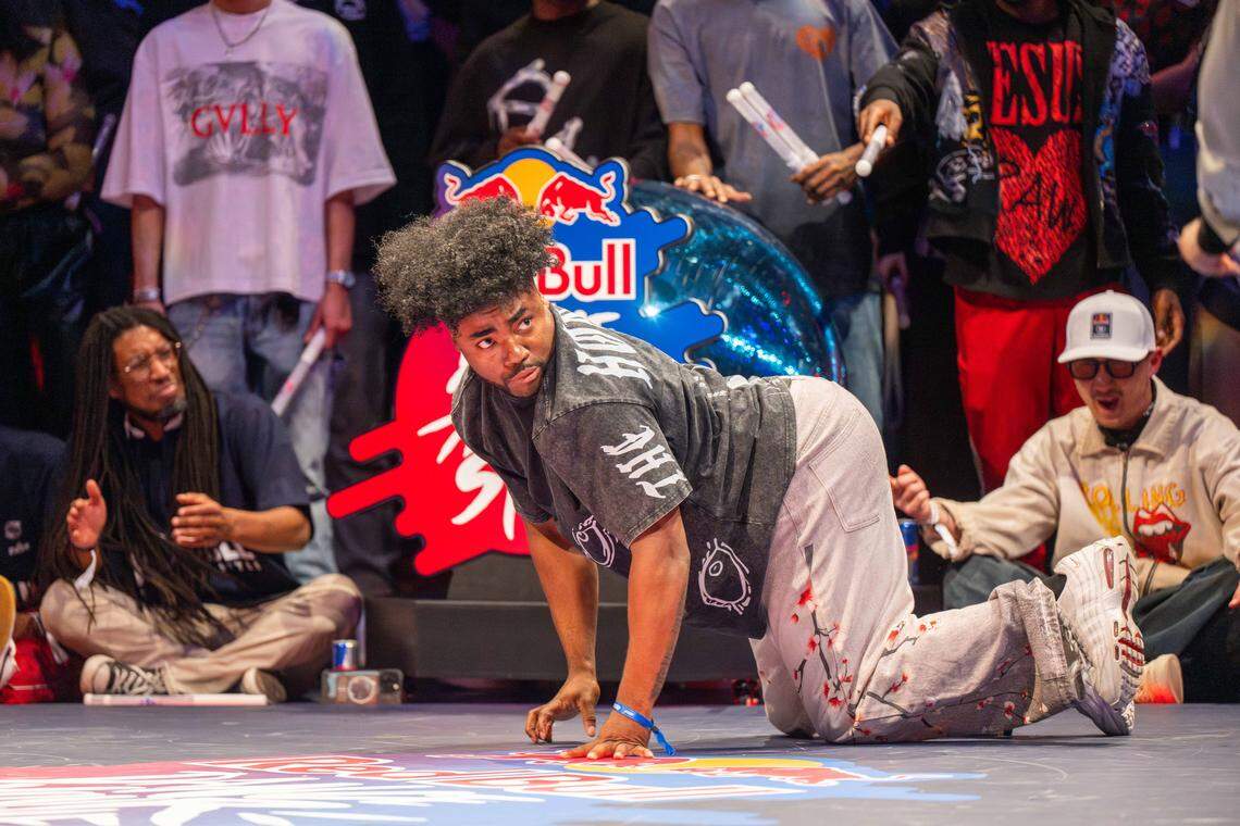 CJ Rey crawls along the dance floor in the first round of the Red Bull Dance Your Style Midwest Regional Qualifier, on Saturday, April 25, 2026, at the Kauffman Center for the Performing Arts.