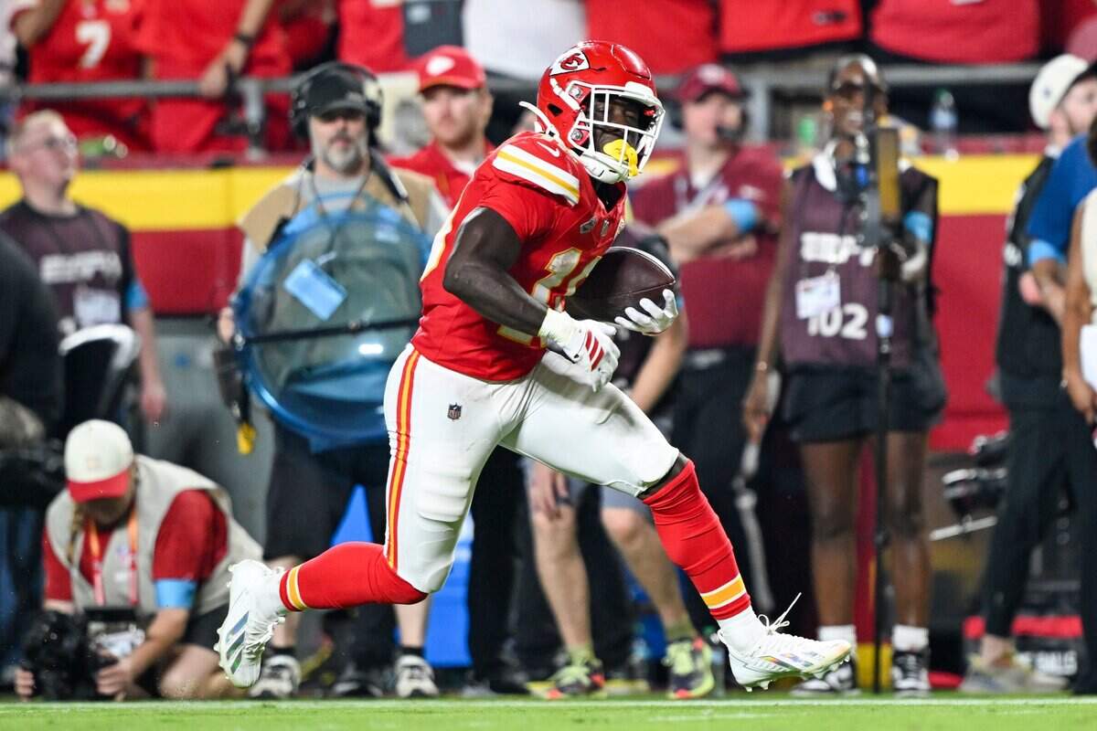 Kansas City Chiefs running back Emmett Johnson (10) in the second half of the Kansas City Chiefs vs. Denver Broncos NFL season opener at Arrowhead Stadium in Kansas City on Sept. 14, 2026.