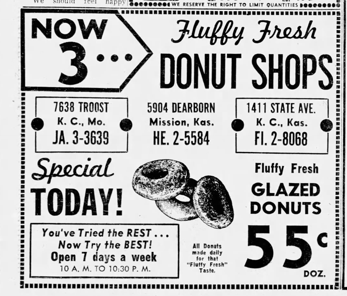 An ad for Fluffy Fresh Donuts was printed in The Kansas City Times on Nov. 23, 1957.