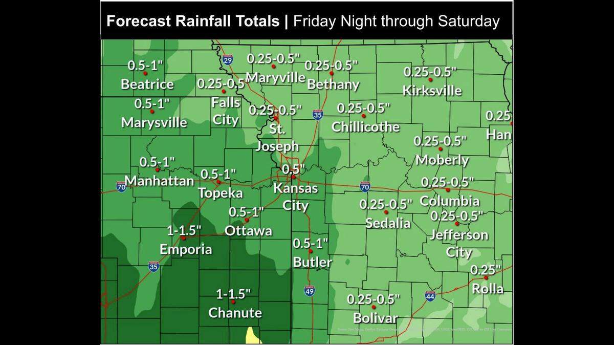 Storms are expected to move into the Kansas City area overnight. “If you’re heading out Friday evening, bring an umbrella or poncho,” the National Weather Service said on social media.