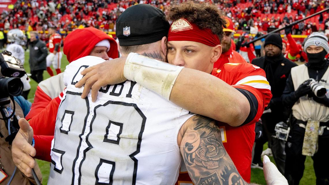 Kansas City Chiefs quarterback Patrick Mahomes (15) greets Las Vegas Raiders defensive end Maxx Crosby (98) at midfield after the Raiders defeated the Chiefs 20-14 in an NFL football game on Monday, Dec. 25, 2023, at Arrowhead Stadium at GEHA Field in Kansas City.