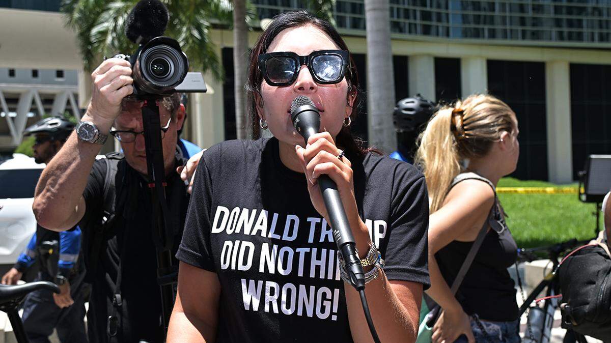 Activist Laura Loomer rally’s for Trump. Former President Trump Arraignment at Wilkie D. Ferguson Jr. United States Federal Courthouse in Miami, Florida USA on June 13, 2023. (Photo by Michele Eve Sandberg/Sipa USA)