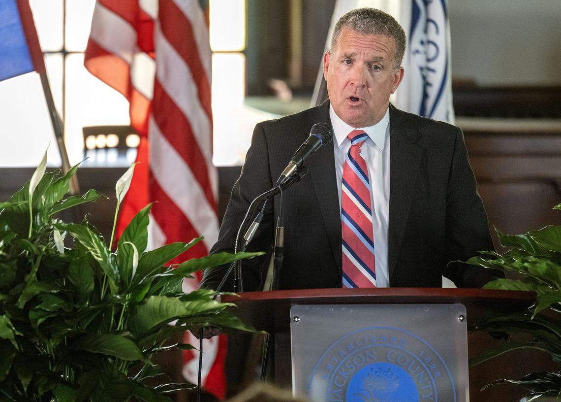 After being sworn in as interim Jackson County Executive Phil LeVota addresses the crowd on hand at the Historic Truman Courthouse in Independence on Thursday, October 16, 2025. He replaces Frank White, who was removed by voters in a recall election.