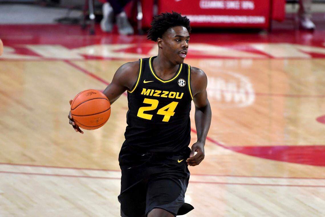 Missouri forward Kobe Brown against Arkansas during the first half of an NCAA college basketball game in Fayetteville, Ark. Saturday, Jan. 2, 2021. (AP Photo/Michael Woods)