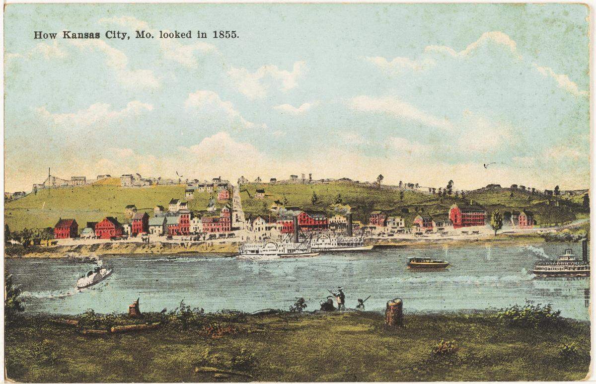 Depiction of Kansas City in 1855, when John Johnson was elected mayor. The idyllic imagery belies the violence taking place at the time.
