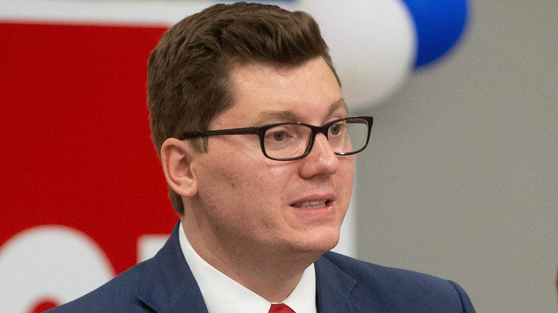 Jake LaTurner talks to reporters after winning the Republican primary for Kansas’ 2nd Congressional District, Tuesday, Aug. 4, 2020, in Topeka, Kan.