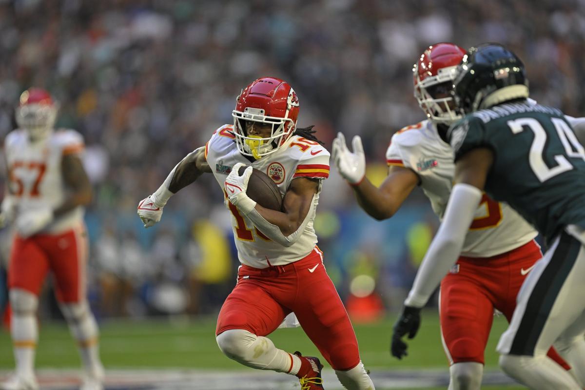 Kansas City Chiefs running back Isiah Pacheco makes yardage in the first quarter during Super Bowl LVII Sunday, Feb. 12, 2023, in Glendale, Ariz.