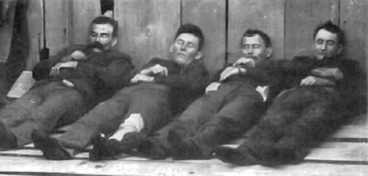 Members of the Dalton Gang, from left, Bill Power, Bob Dalton, Grat Dalton and Dick Broadwell, were photographed by John B. Tackett after being shot to death in Coffeyville, Kansas.