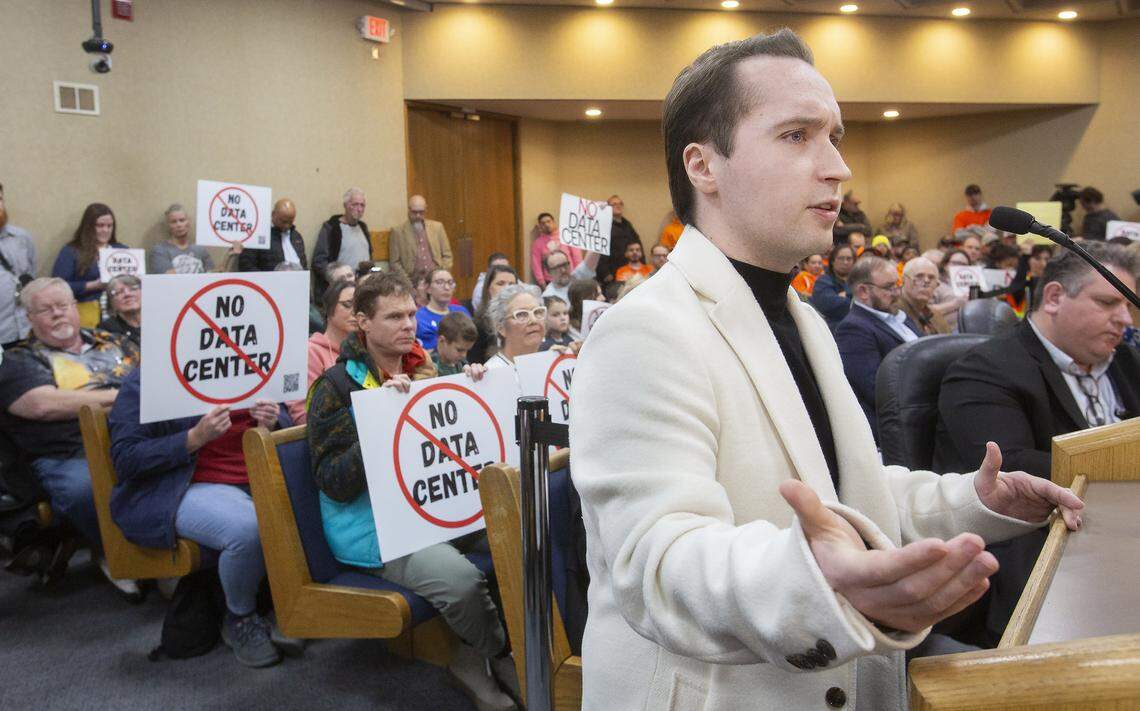 Griffin Harness-Clarke spoke in opposition of the Nebius AI data center Monday, March 2, 2026, as the Independence City Council prepared to vote on a tax incentive plan for the data center.