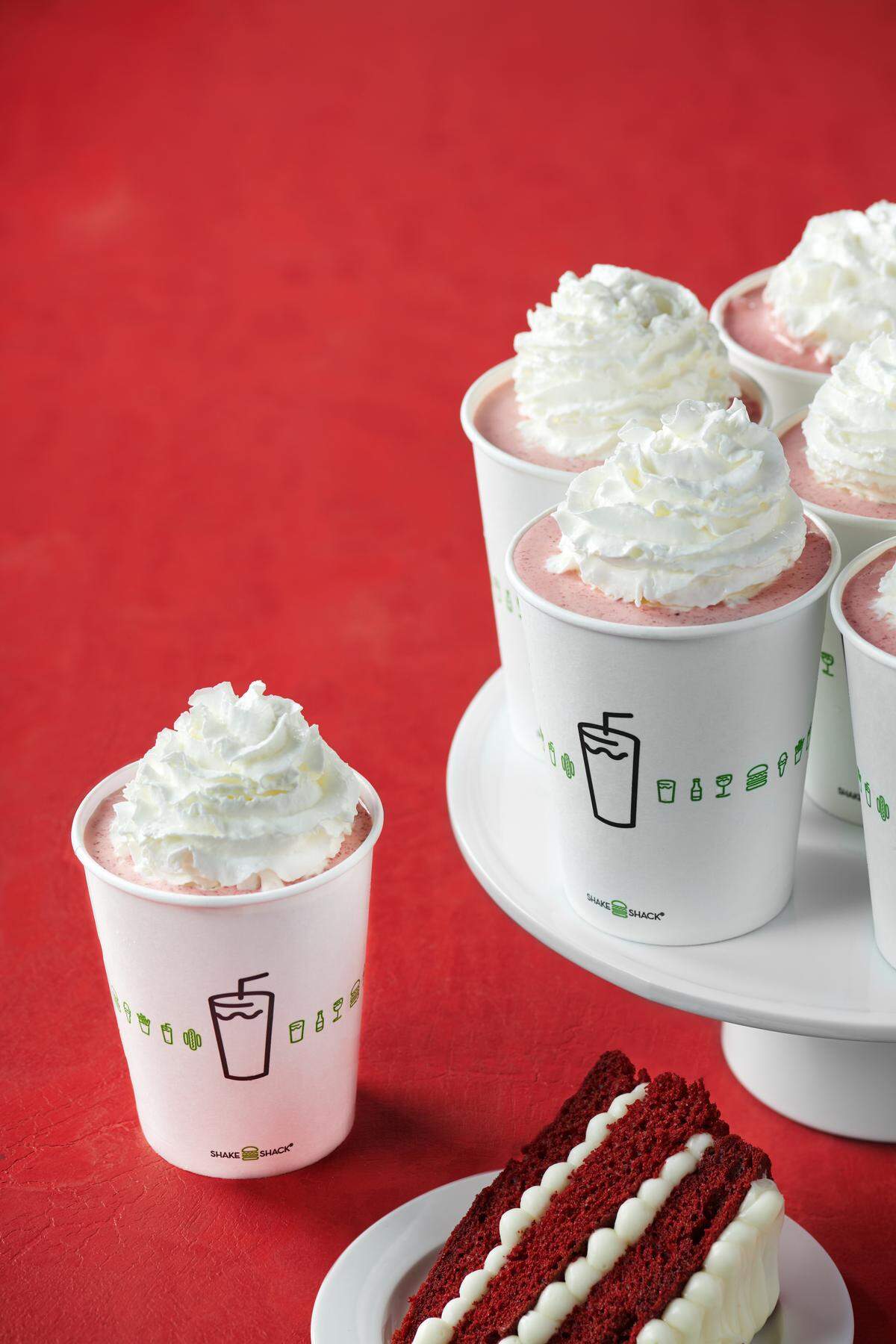 Shake Shack’s special Red Kingdom Shake — red velvet frozen custard shake topped with whipped cream.