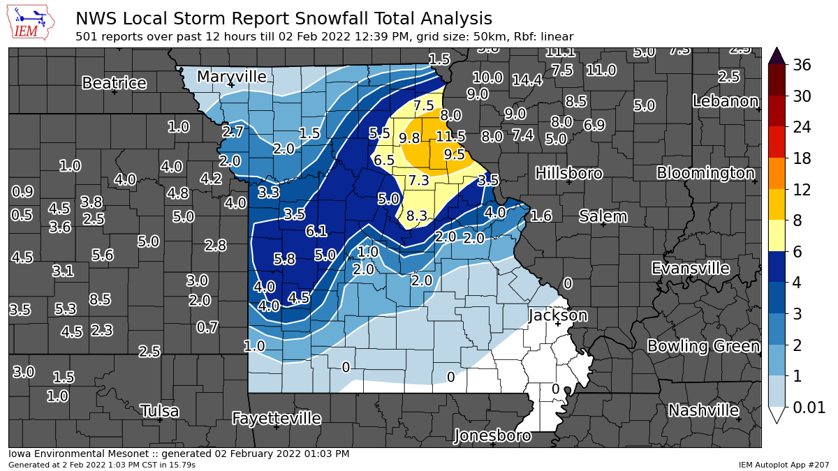 Here’s a look at the preliminary snowfall totals from an ongoing winter storm that is passing through Missouri on Wednesday.
