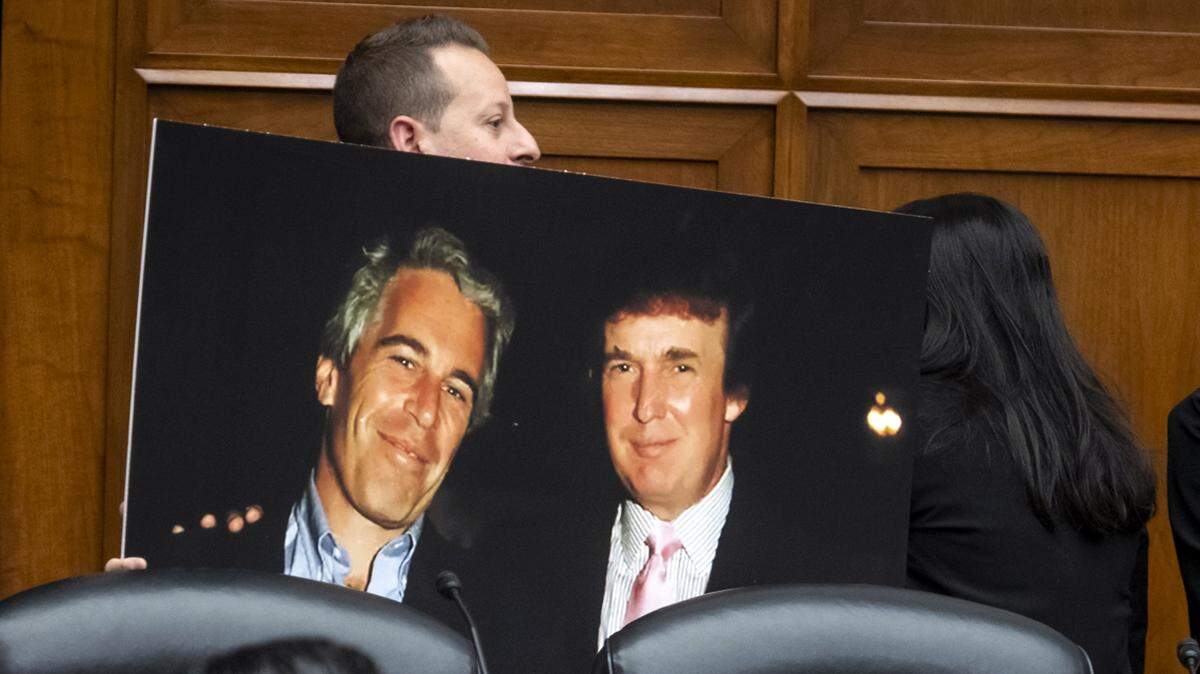 United States Representative Jared Moskowitz (Democrat of Florida) holds a photo board featuring a photo of Jeffrey Epstein and Donald Trump, during a House Committee on Oversight and Accountability markup ‚Äú1 H.Res. Recommending that the House of Representatives find Robert Hunter Biden in contempt of Congress for refusal to comply with a subpoena duly issued by the Committee on Oversight and Accountability‚Äù in the Rayburn House Office Building in Washington, DC, Wednesday, January 10, 2024. Credit: Rod Lamkey / CNP/Sipa USA