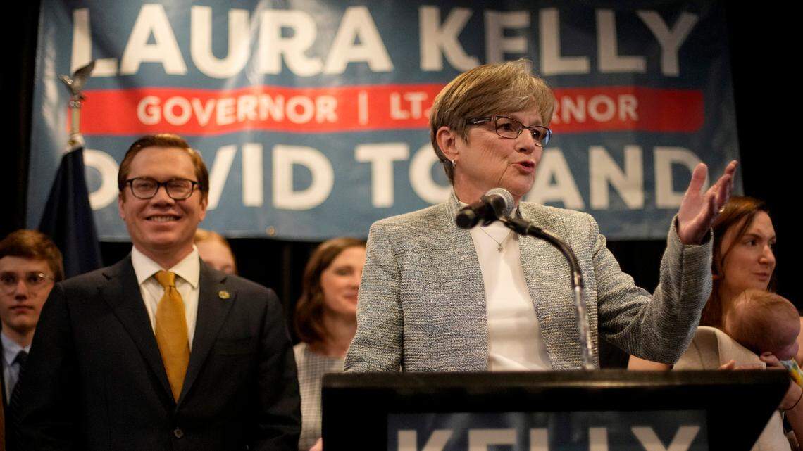 Kansas Gov. Laura Kelly speaks to supporters at an election night party Nov. 9. 