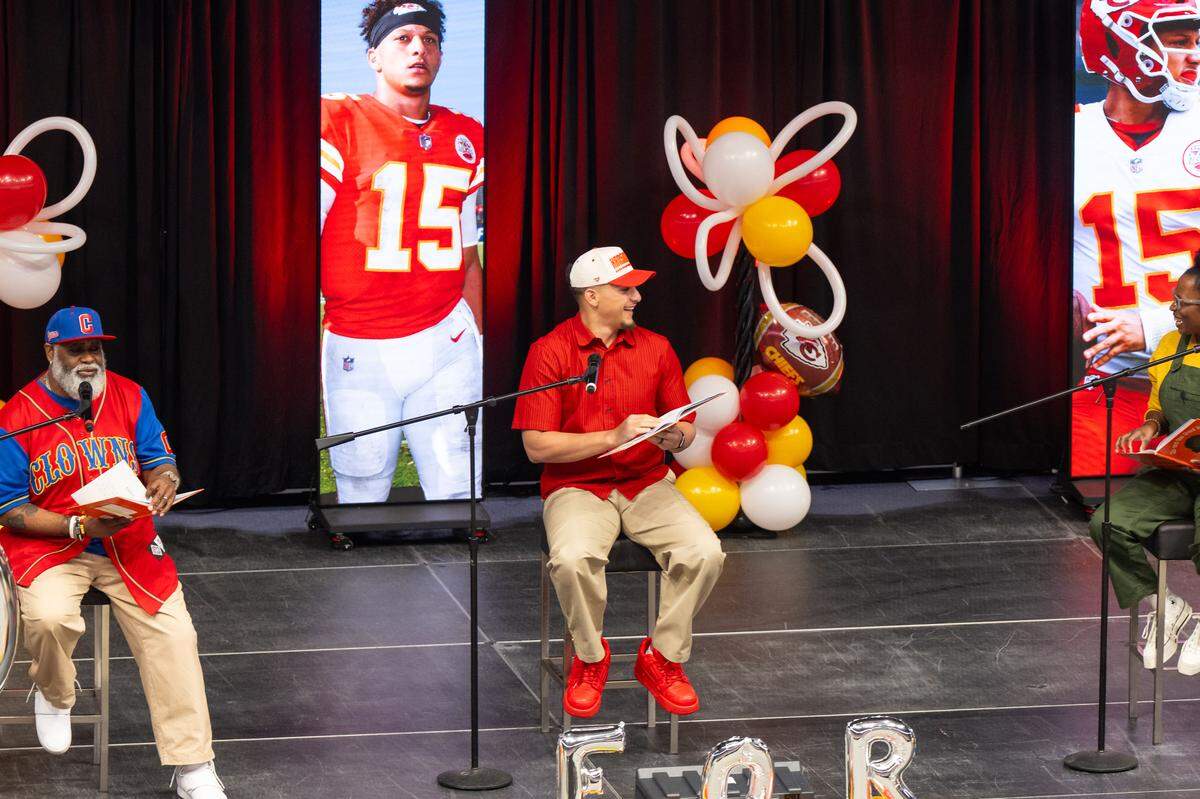 Kansas City Chiefs quarterback Patrick Mahomes reads to thousands of grade school kids from around the Kansas City metro at the Lead to Read KC Reading Rally, on Thursday, April 2, 2026, at T-Mobile Center.