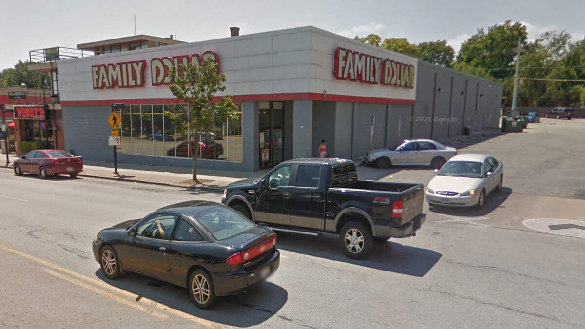 A Google Earth street view image from August of 2015 shows the Family Dollar store with a pillar helping to support the corner of the building.