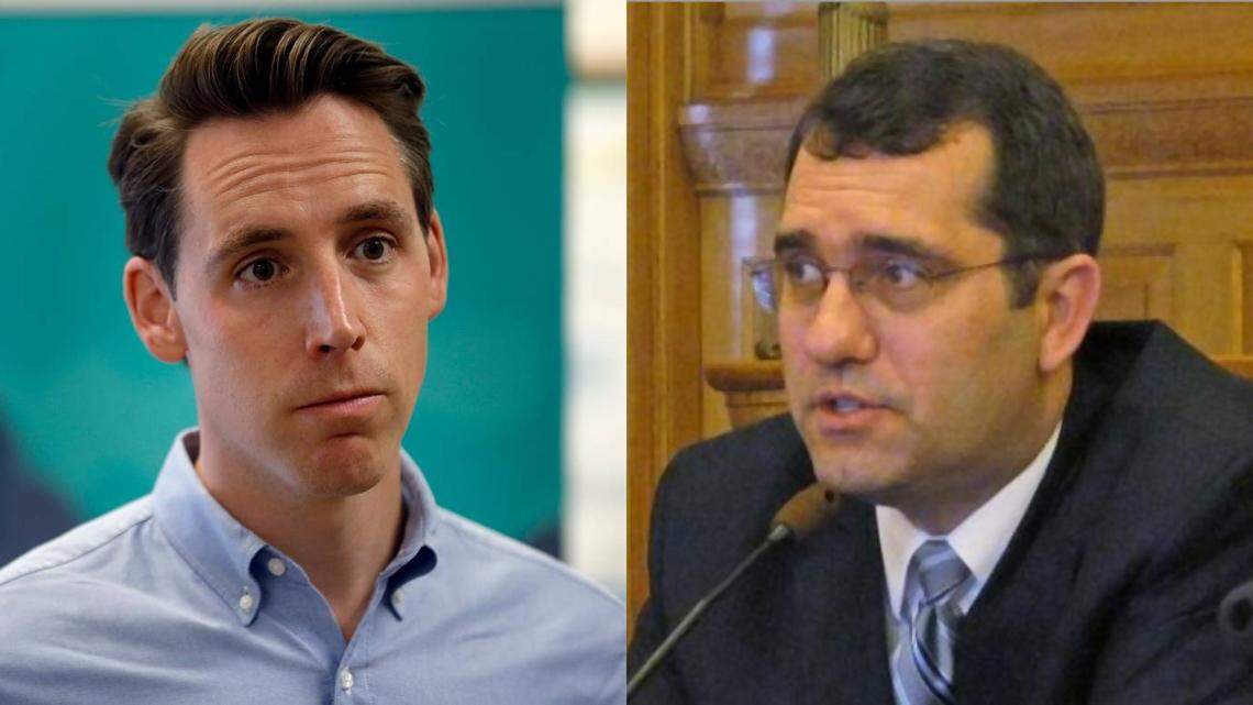 Josh Hawley, left, and Eric Schmidt, attorneys general of Missouri and Kansas