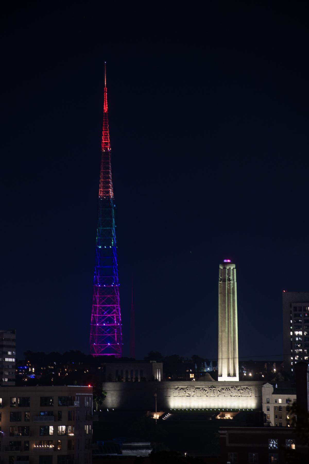 The KCTV Tower shined in the night after it was lit with new LED lights on Thursday, Sept. 18, 2025. The original lights on the 1,042-feet-tall tower were shut down in 2004 due to aging infrastructure and maintenance costs.