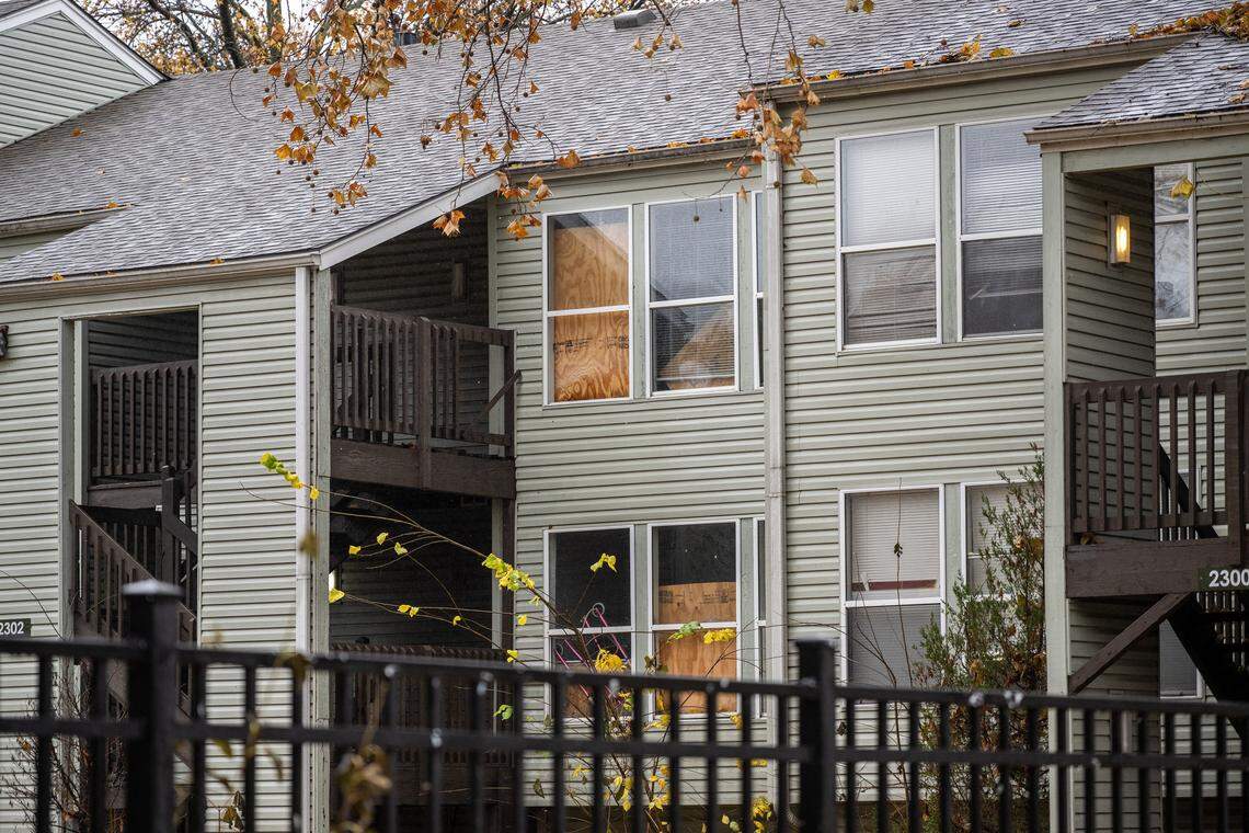 Windows are seen boarded up at the Olive Park Village Apartments on Friday, Nov. 21, 2025, in Kansas City.