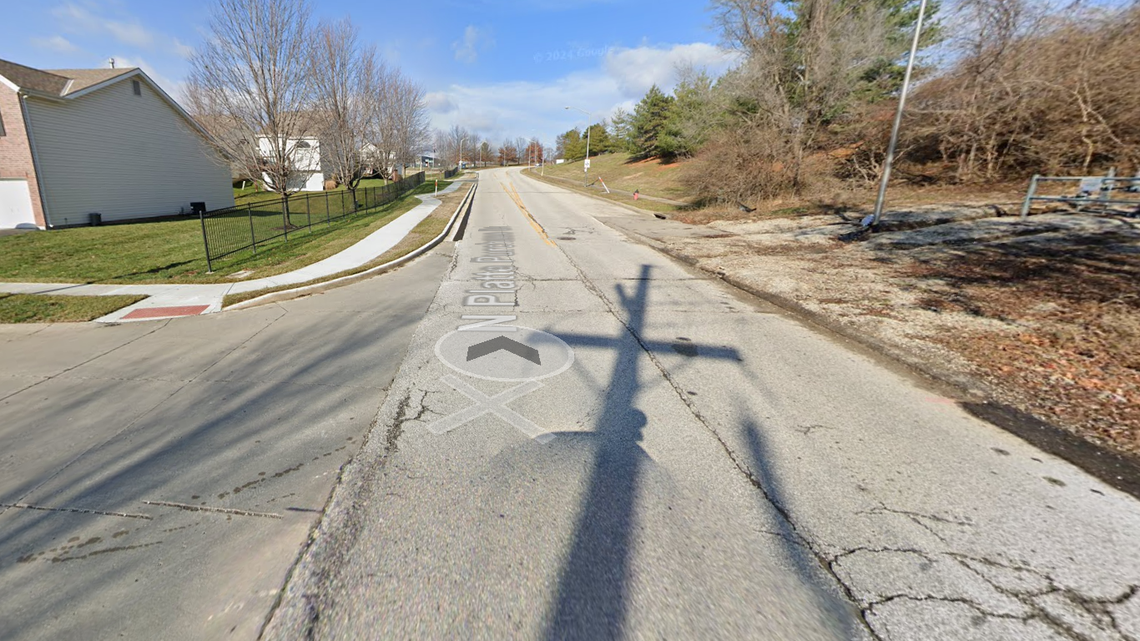 A google maps image of the intersection of Northwest 82nd Street and North Platte Purchase Drive, captured in December 2023. One woman was killed in a head-on crash near the intersection Friday.